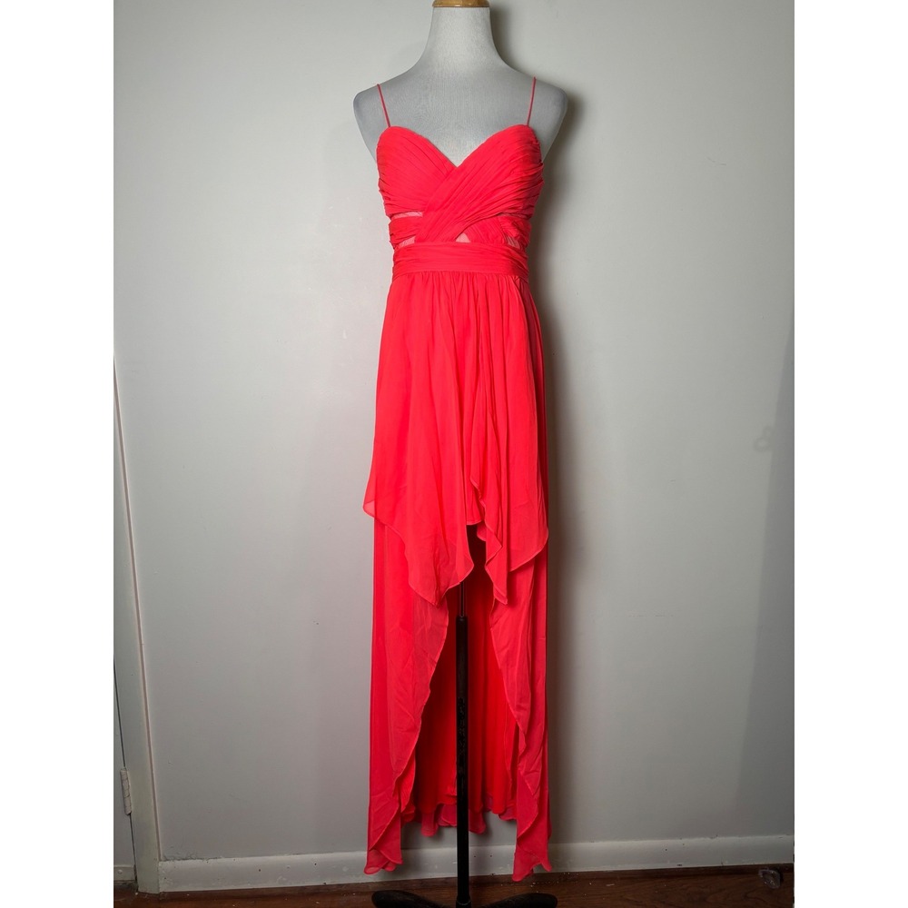 Adrianna Papell High Low Prom Formal Dress 5/6 Neon Coral Sheer Cut Out Chiffon